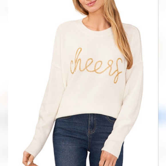 Vince Camuto ivory gold beaded cheers cozy holiday sweater size Medium - Picture 3 of 11